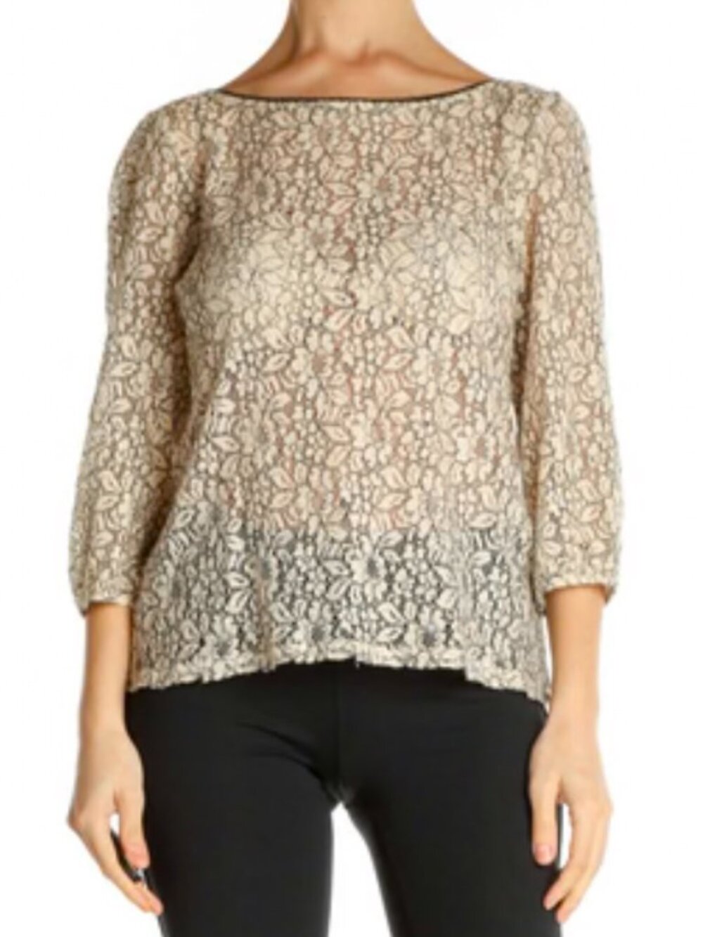Ann Taylor Loft Sheer Floral Lace Top in Cream With Black Accents Size Small